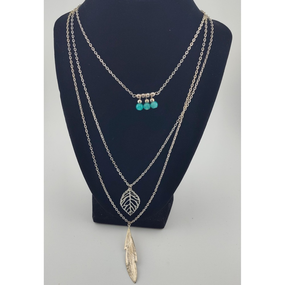 Feather leaf necklace layered Southwestern silver tone costume fashion trio blue